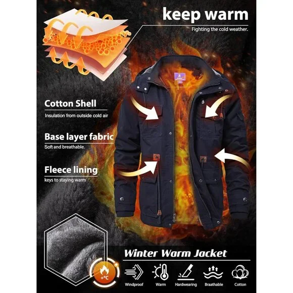 Mens Dark Blue  Hooded Winter Jacket Warm Fleece Lined ZipUp Casual Coat . - Picture 2 of 6